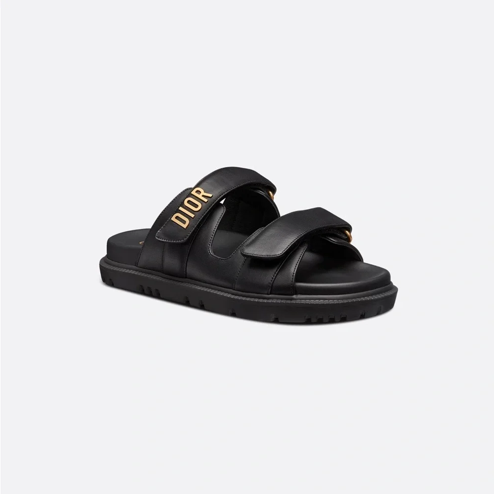 Dior Black Leather Sandals with Gold Logo - Picture 6 of 7